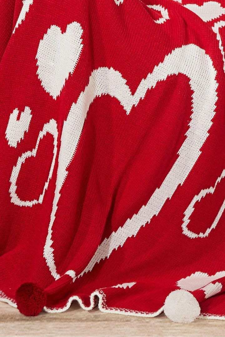 Kalp Triko Örgülü Tv Battaniyesi 130 X 170 (Kırmızı-Beyaz) -