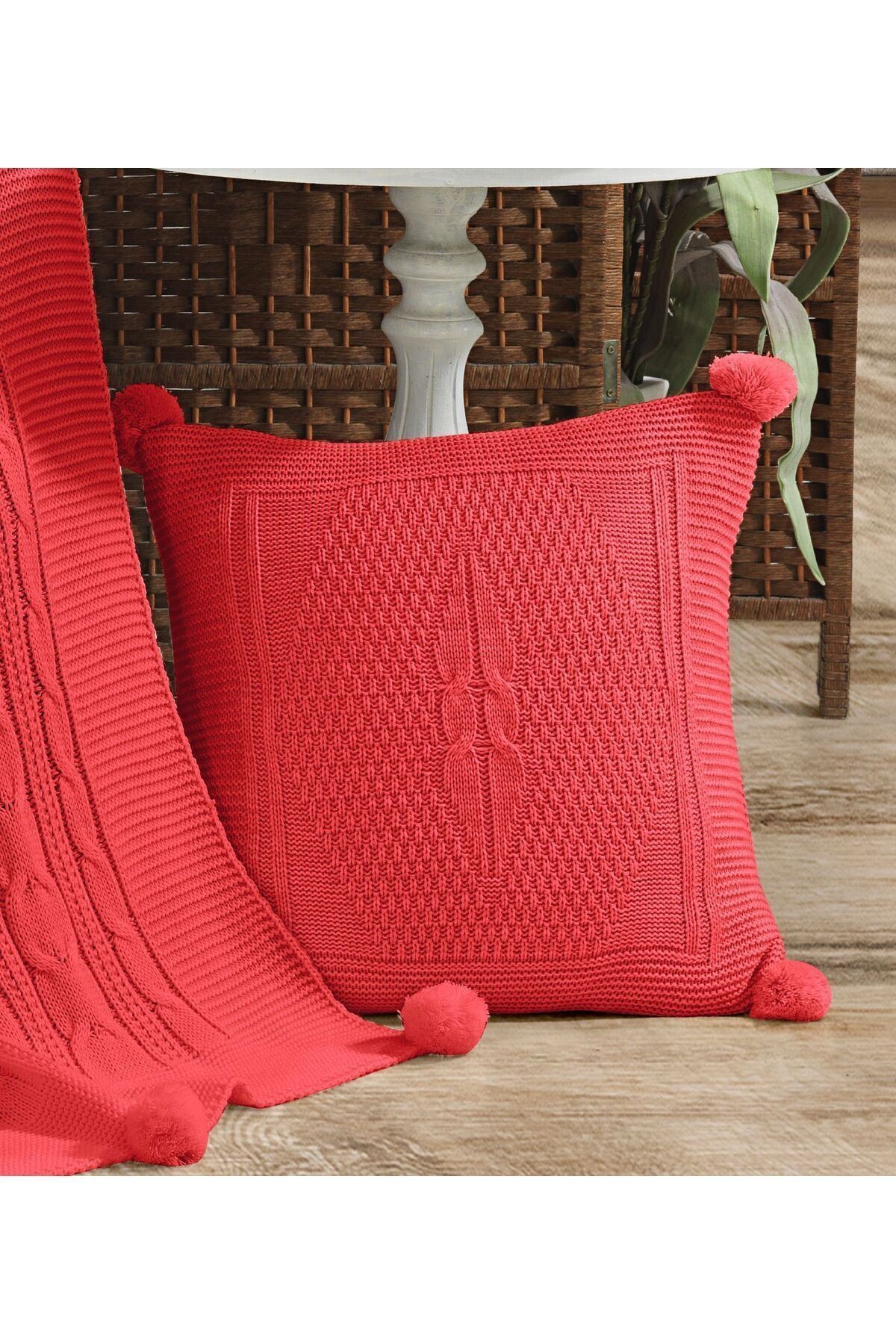 Triko Örgü Kırlent Kılıfı Yastık Kılıfı 45 X 45 Cm - Nar