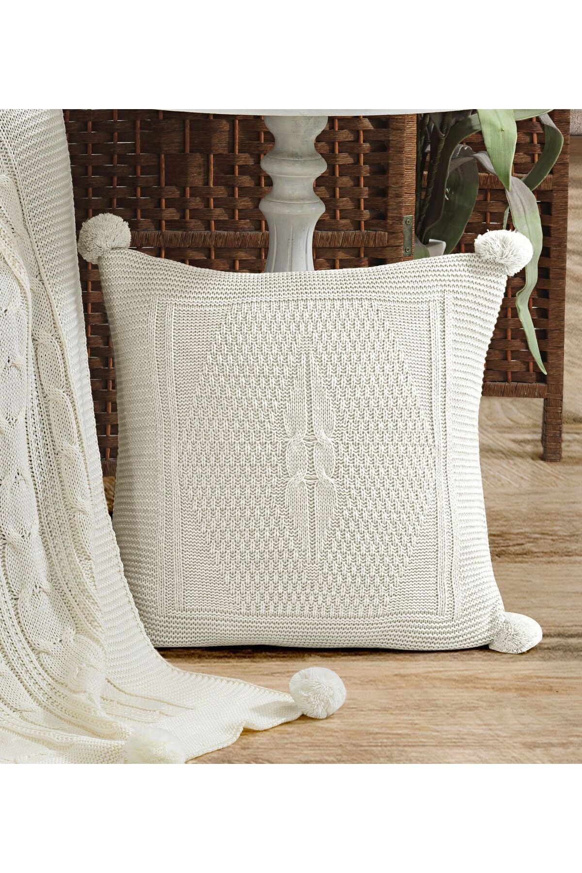 Triko Örgü Kırlent Kılıfı Yastık Kılıfı 45 X 45 Cm - Kemik