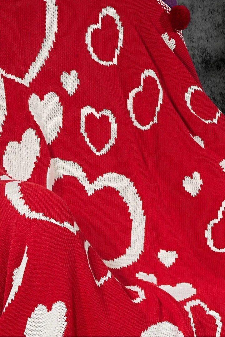 Kalp Triko Örgülü Tv Battaniyesi 130 X 170 (Kırmızı-Beyaz) -