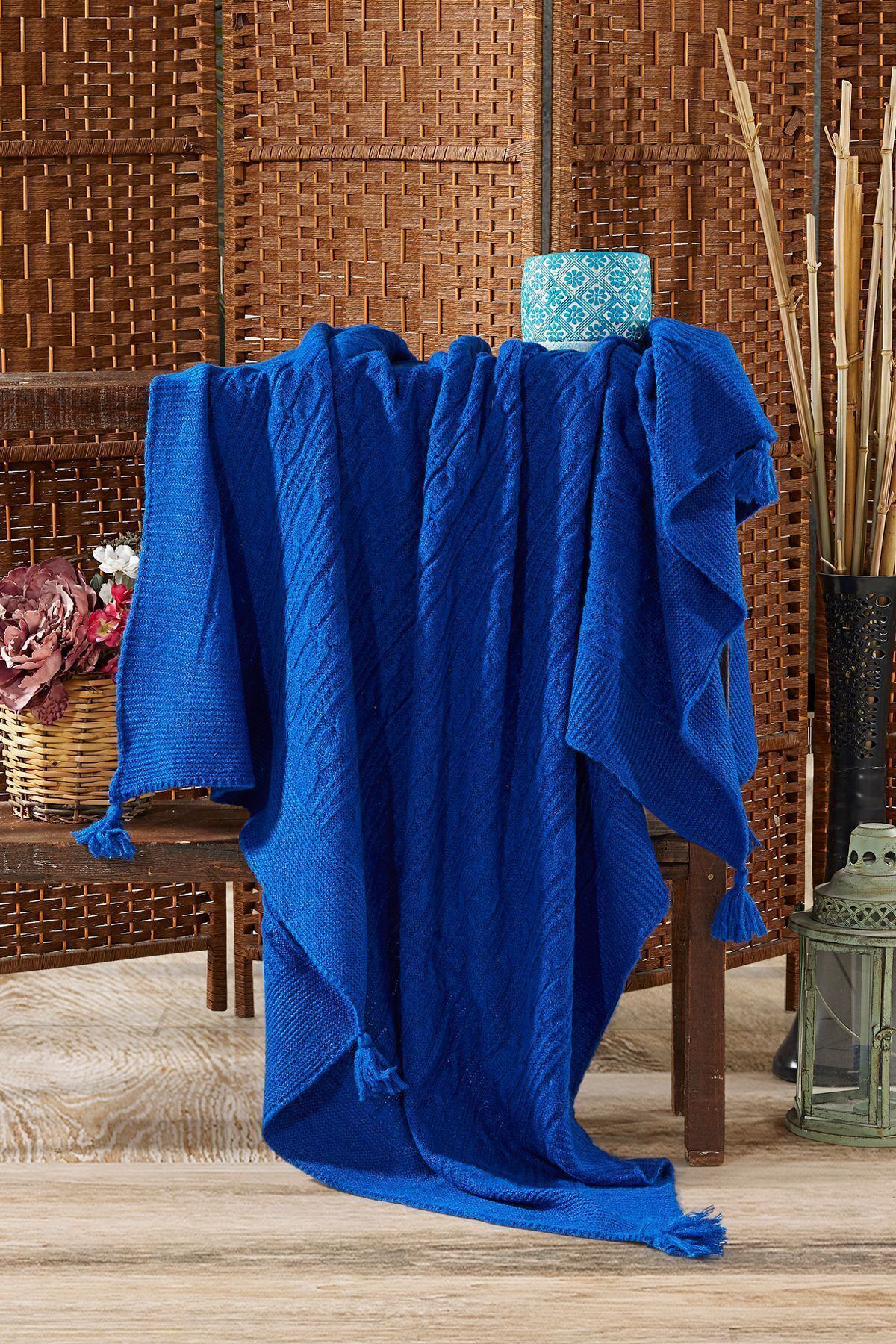 Mine Triko Örgü  6 Püsküllü Tv Battaniyesi 130 X 170 (Sax)