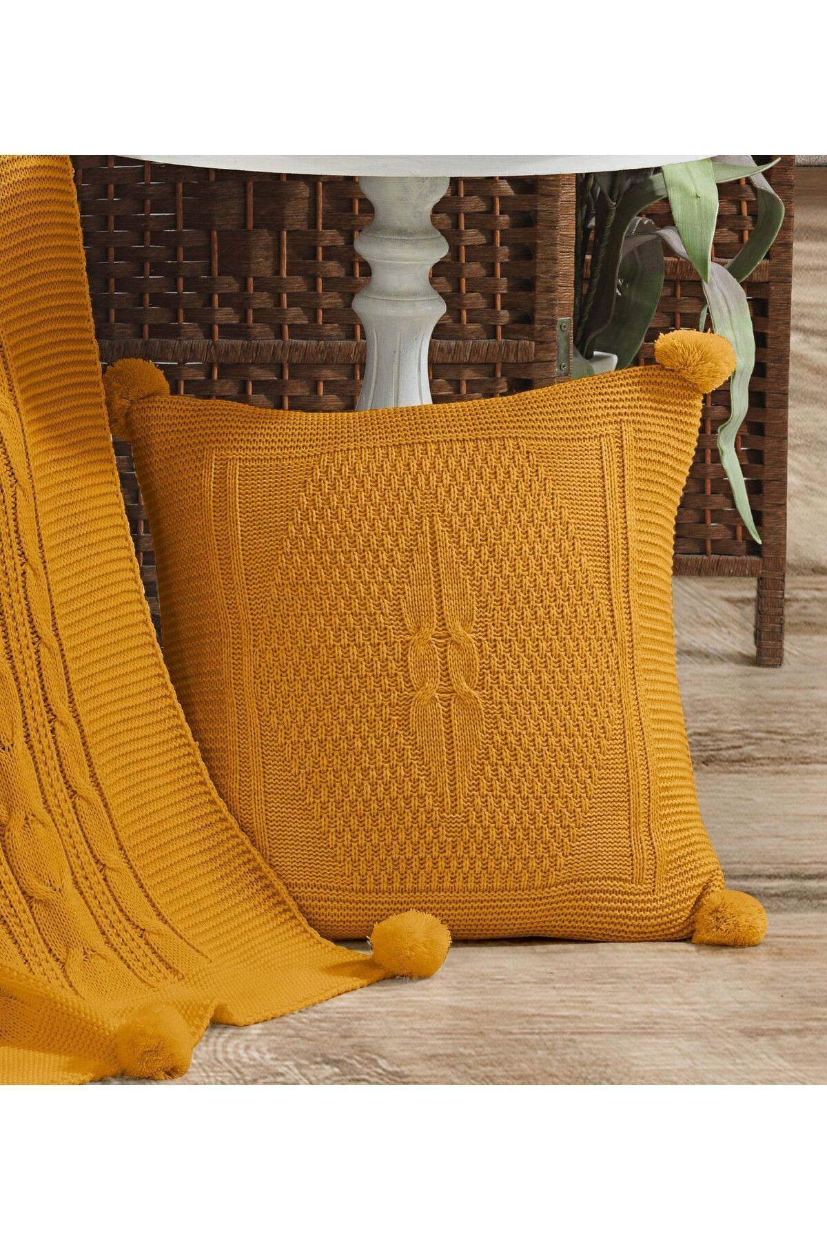 Triko Örgü Kırlent Kılıfı Yastık Kılıfı 45 X 45 Cm - Hardal