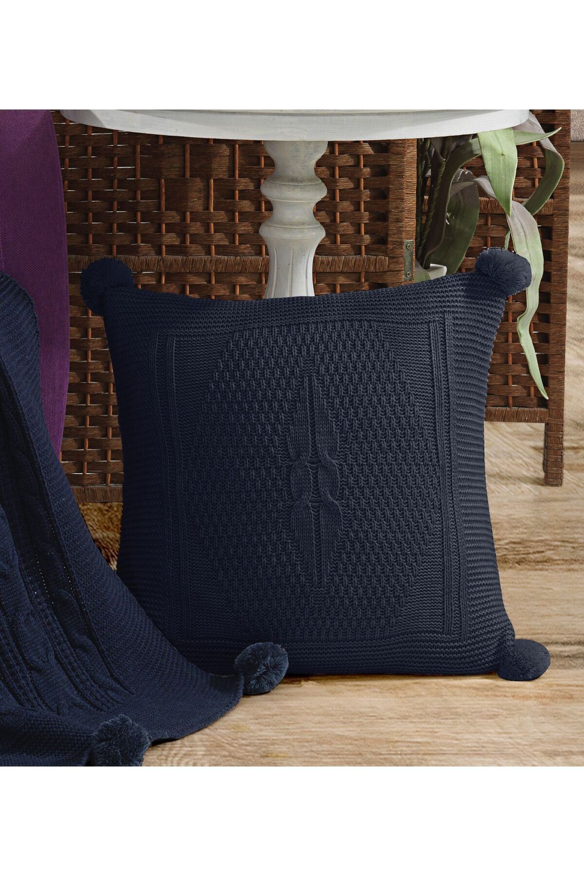 Triko Örgü Kırlent Kılıfı Yastık Kılıfı 45 X 45 Cm - İndigo