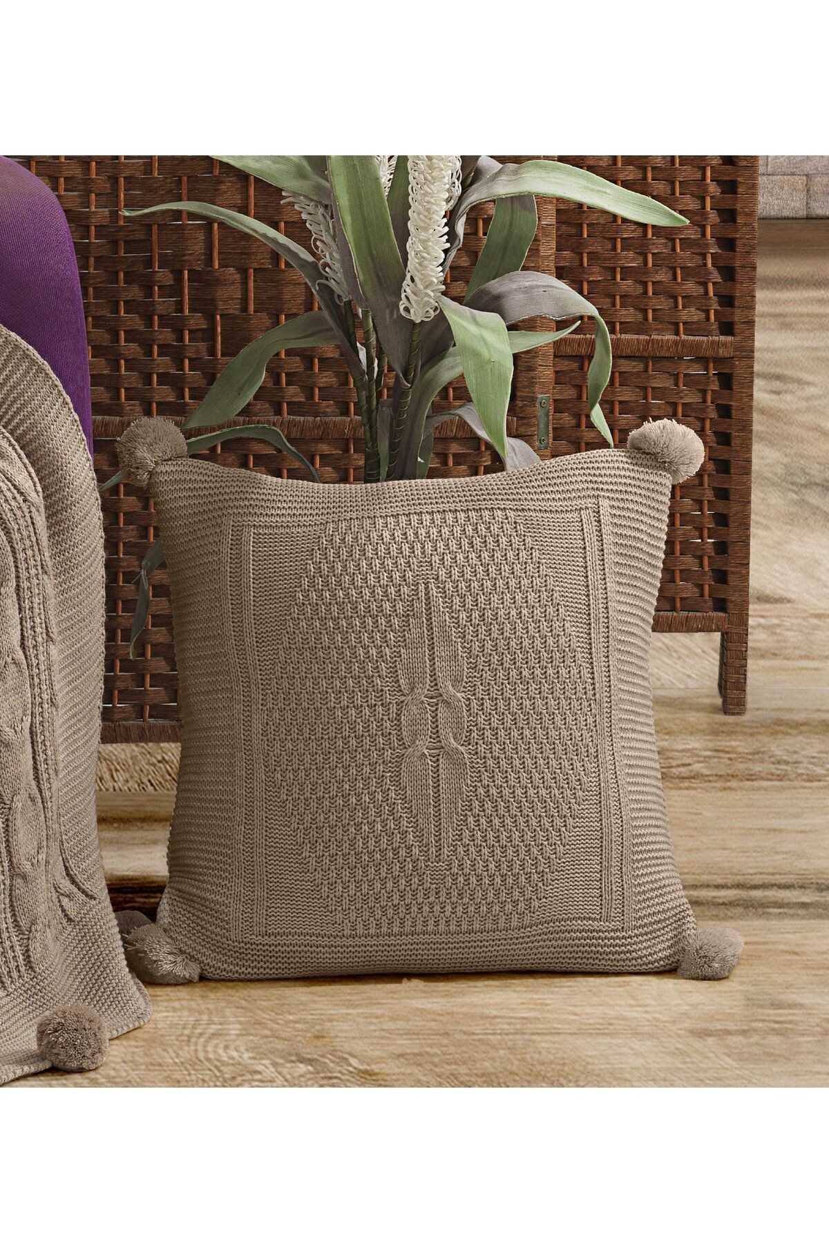 Triko Örgü Kırlent Kılıfı Yastık Kılıfı 45 X 45 Cm - Bisküvi