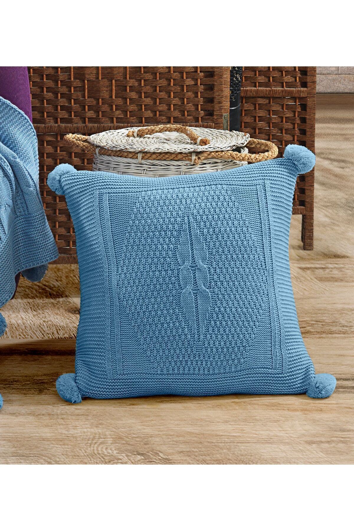 Triko Örgü Kırlent Kılıfı Yastık Kılıfı 45 X 45 Cm - Bebe Mavi