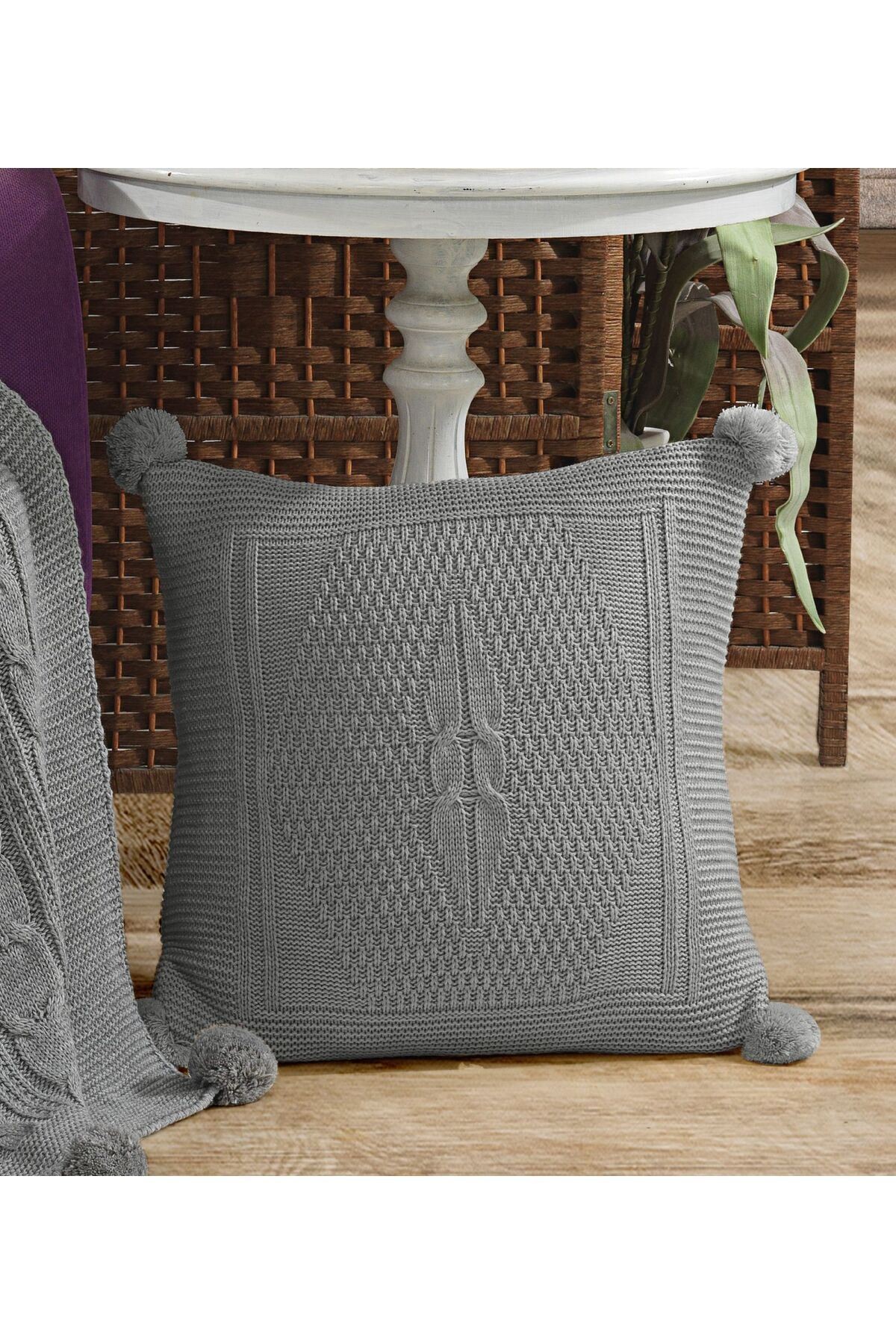 Triko Örgü Kırlent Kılıfı Yastık Kılıfı 45 X 45 Cm - Gri