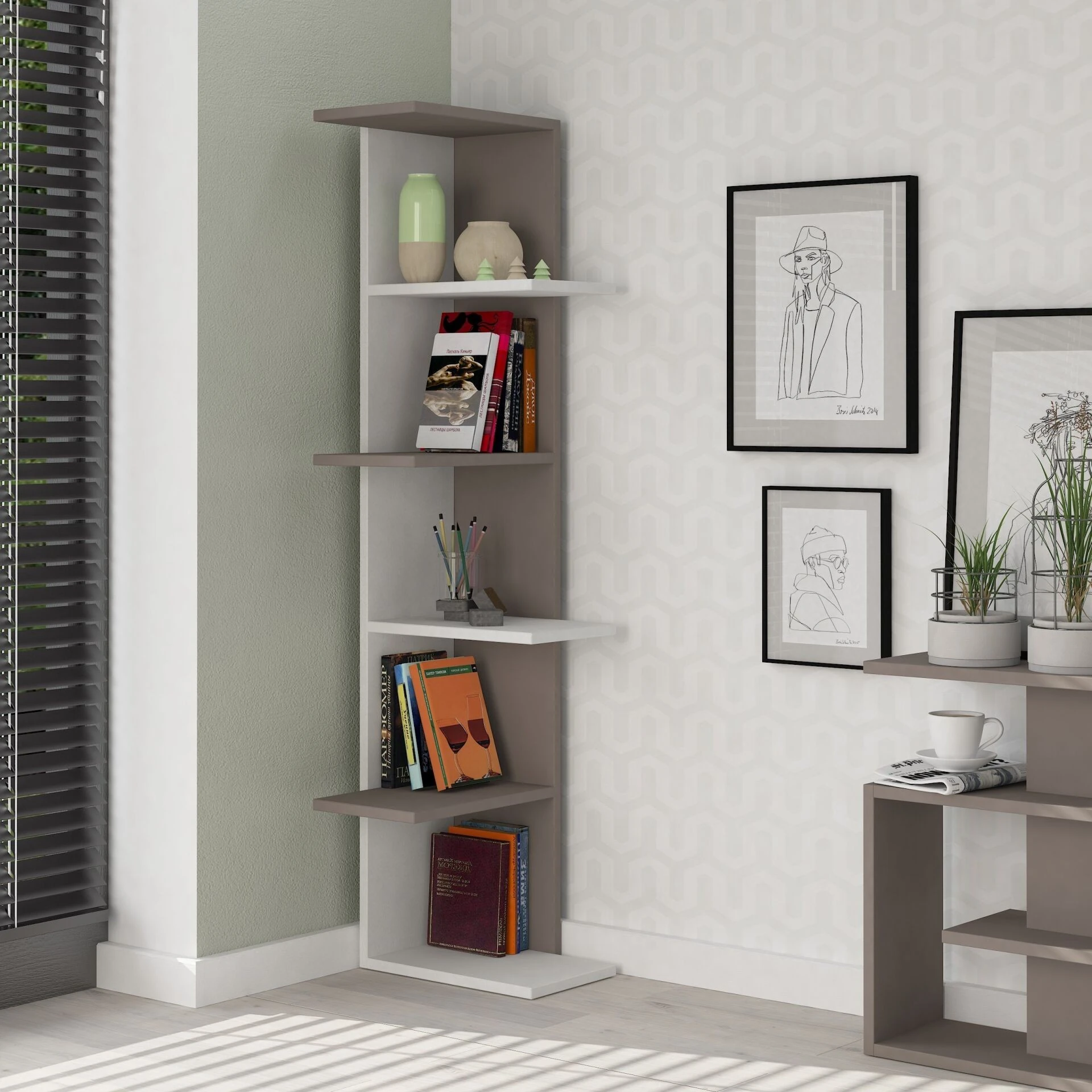 SASO CORNER BOOKCASE - WHITE - LIGHT MOCHA - M.KT.02.13183.5