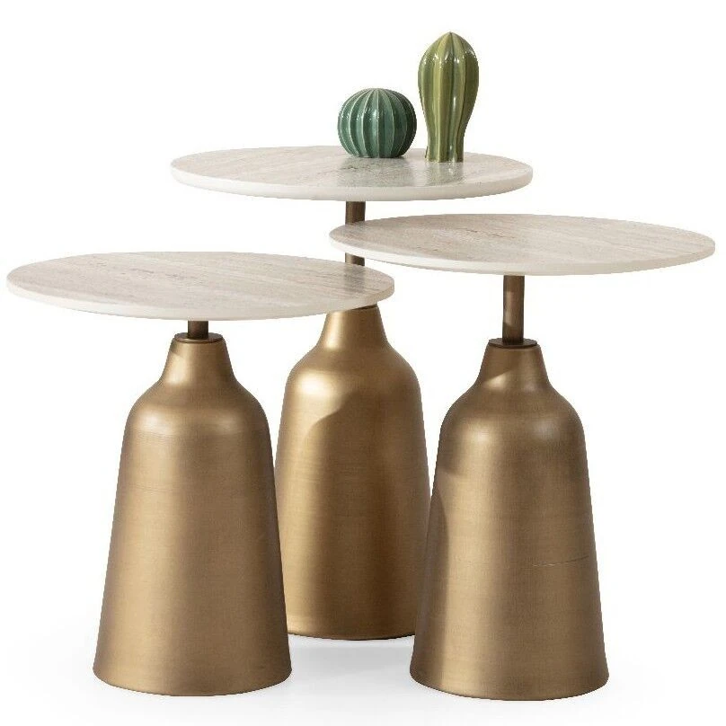 Beige Üçlü Traverten Görünümlü MDF Boyalı Metal Ayaklı Zigon Sehpa Seti