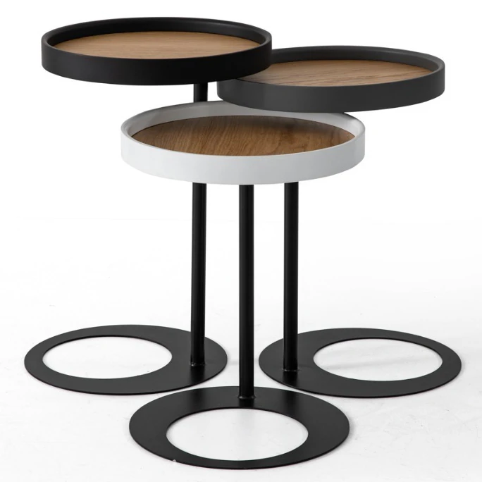 Ren Vol2 Üçlü Meşe Kaplama Metal Ayaklı Zigon Sehpa Seti