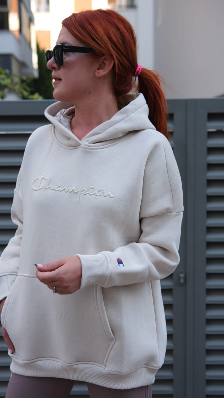 Champ 3 İplik Şardonlu Nakış İşleme Sweatshirt - Taş