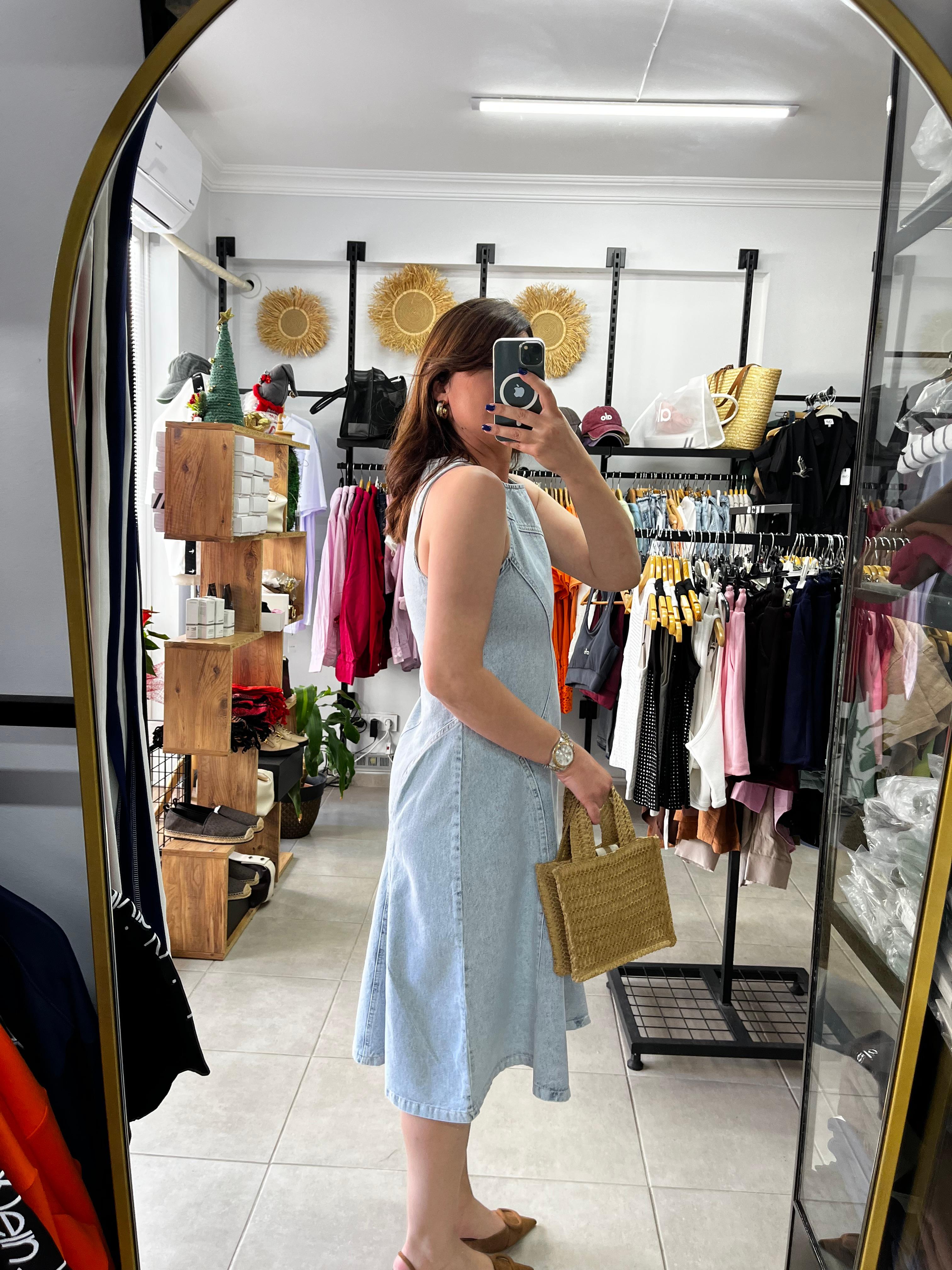 Denim Volanlı Midi Elbise 