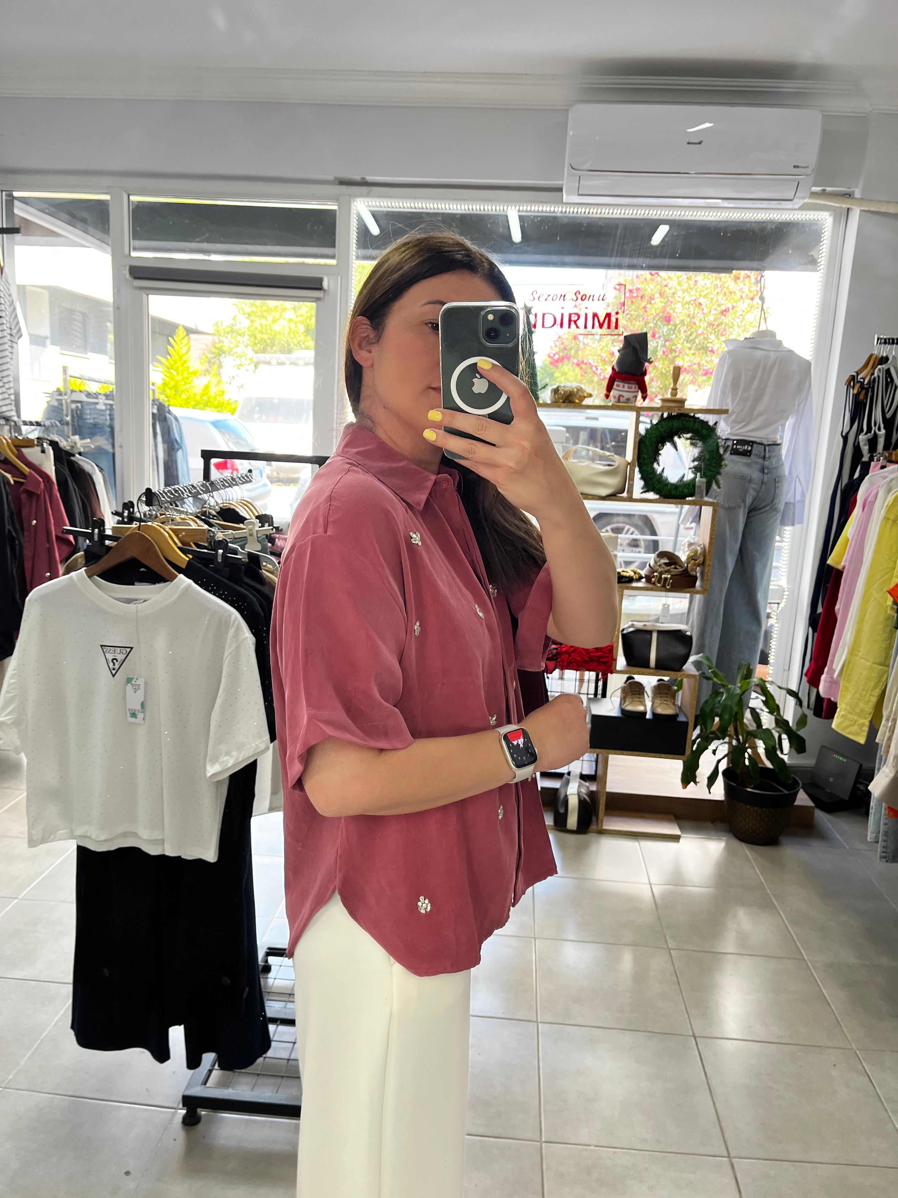 Premium Modal Taşlı Düşük Kol Gömlek 