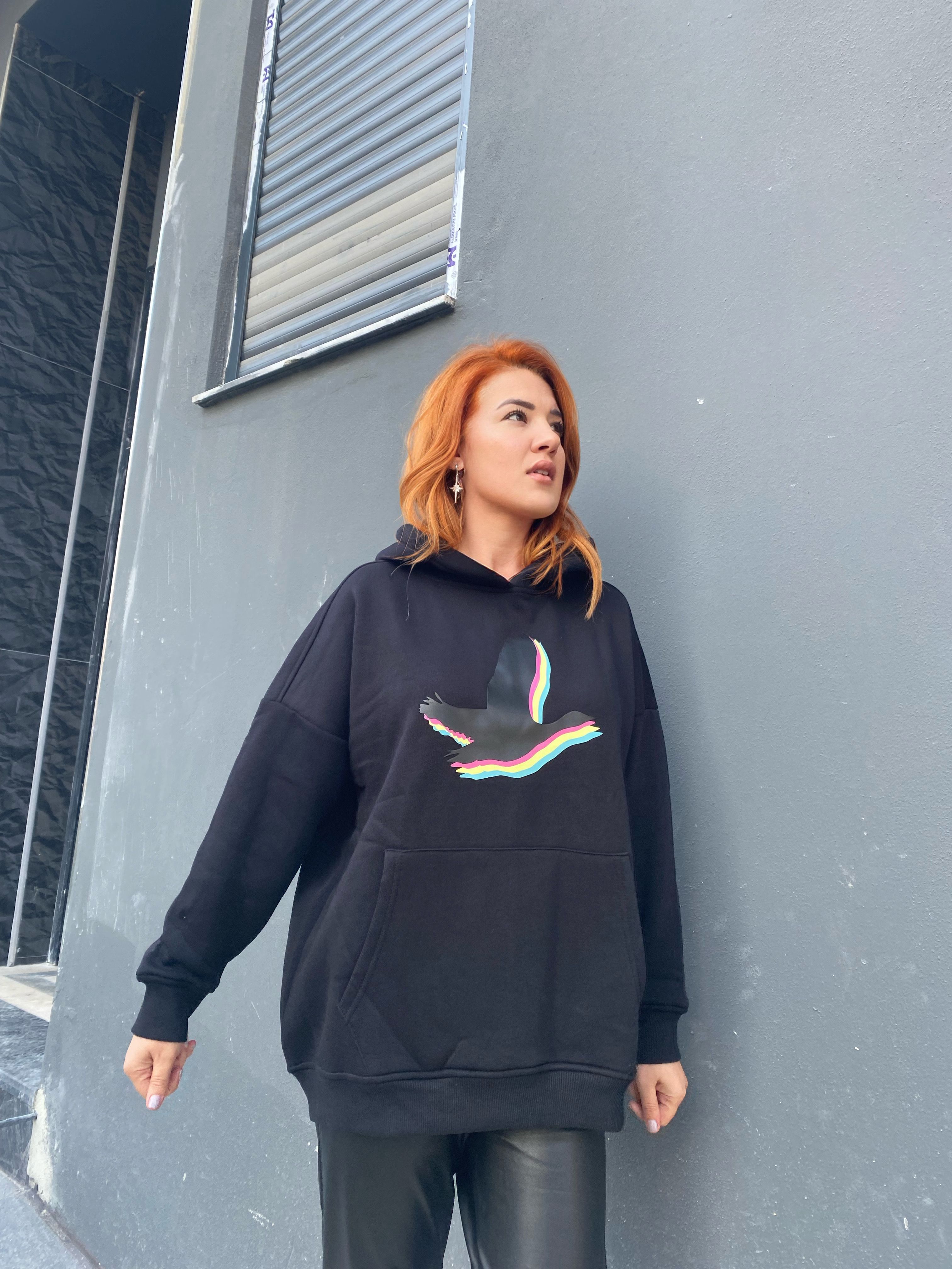 Orijinal marka siyah kuş desen sweat