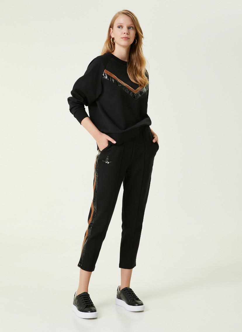 Marka Model Kuş Figürlü Deri Biyeli Sweatshirt