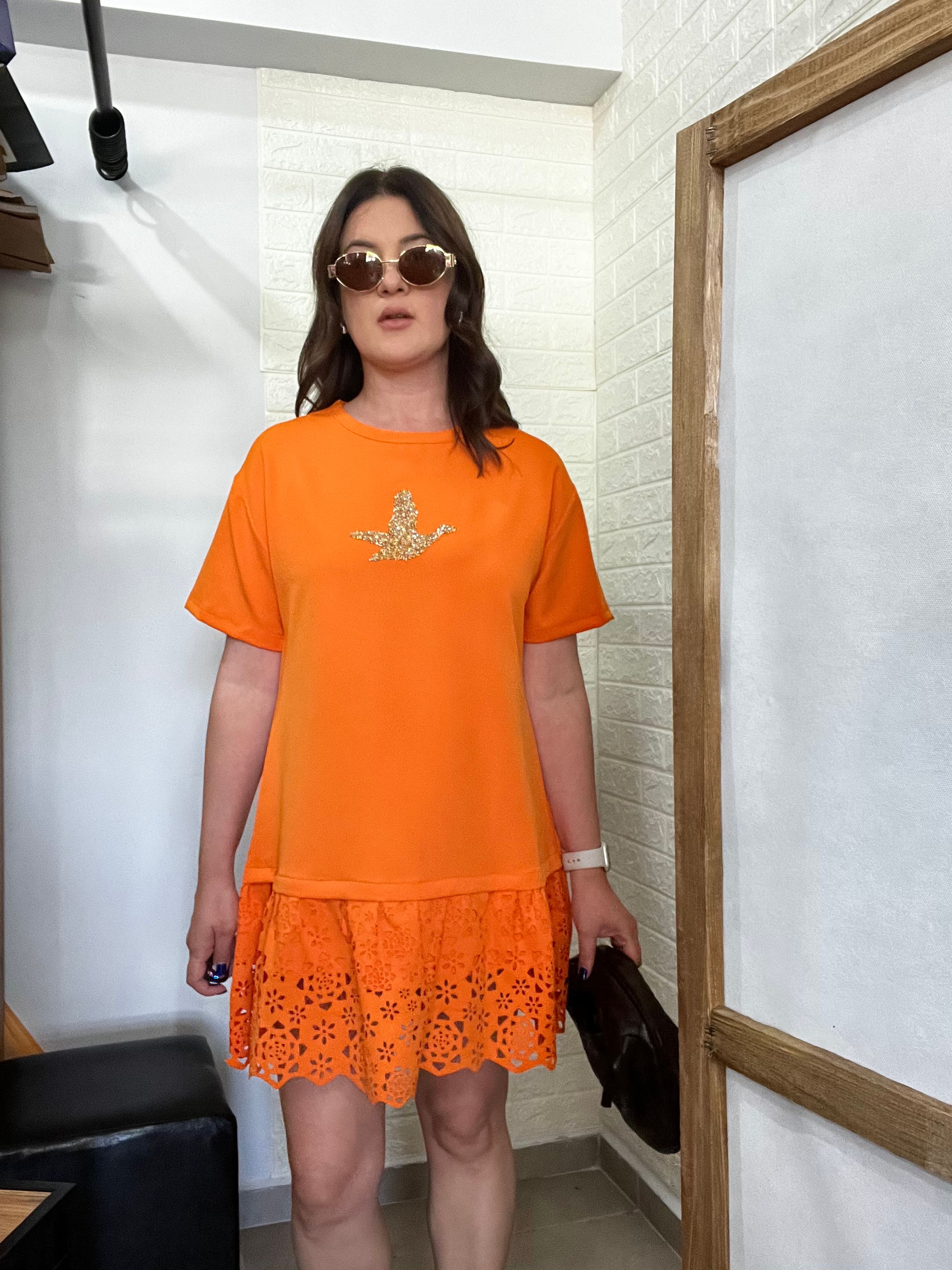 BC Oranj Lazer Kesim Etekli Elbise 