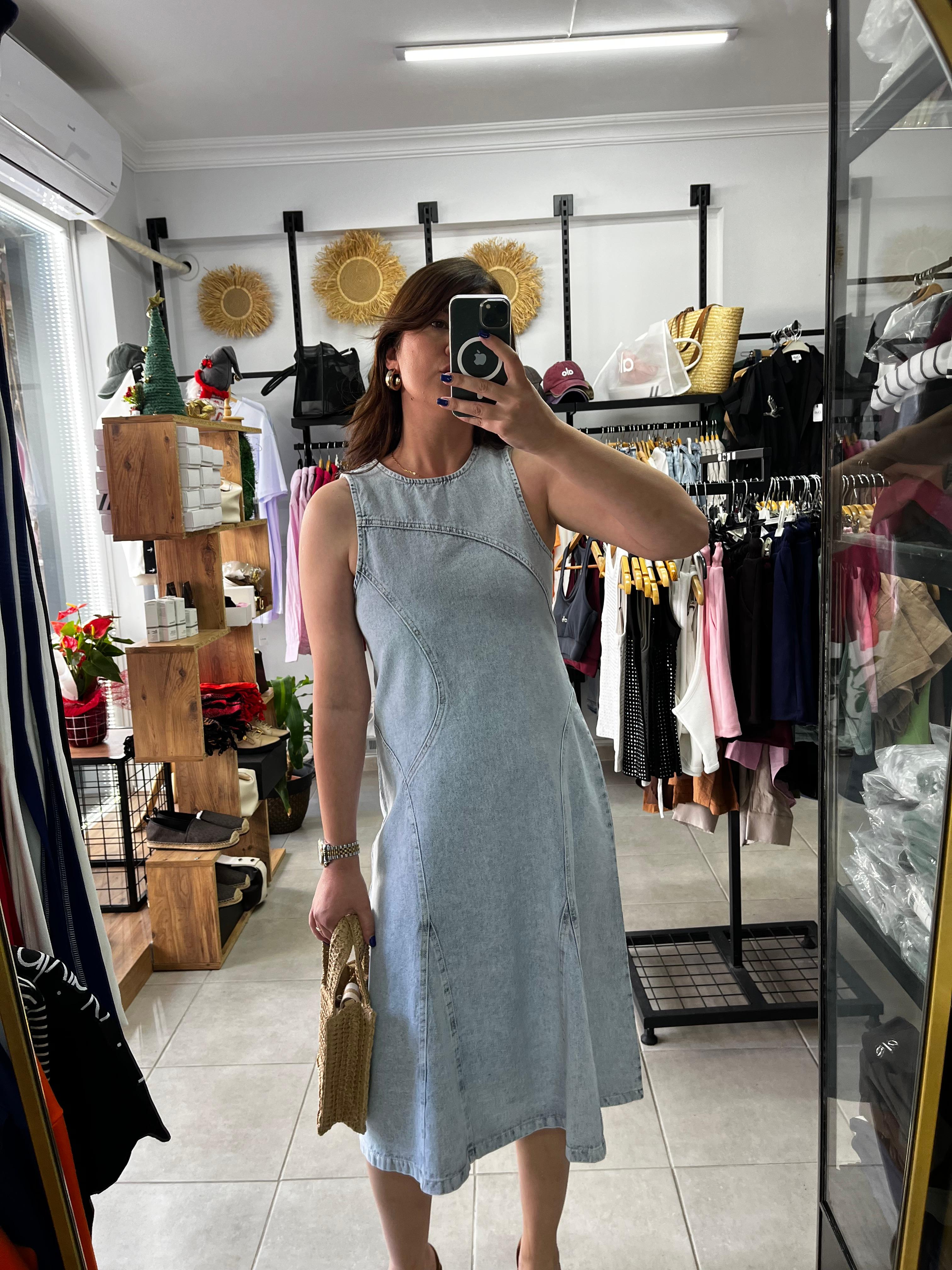 Denim Volanlı Midi Elbise 