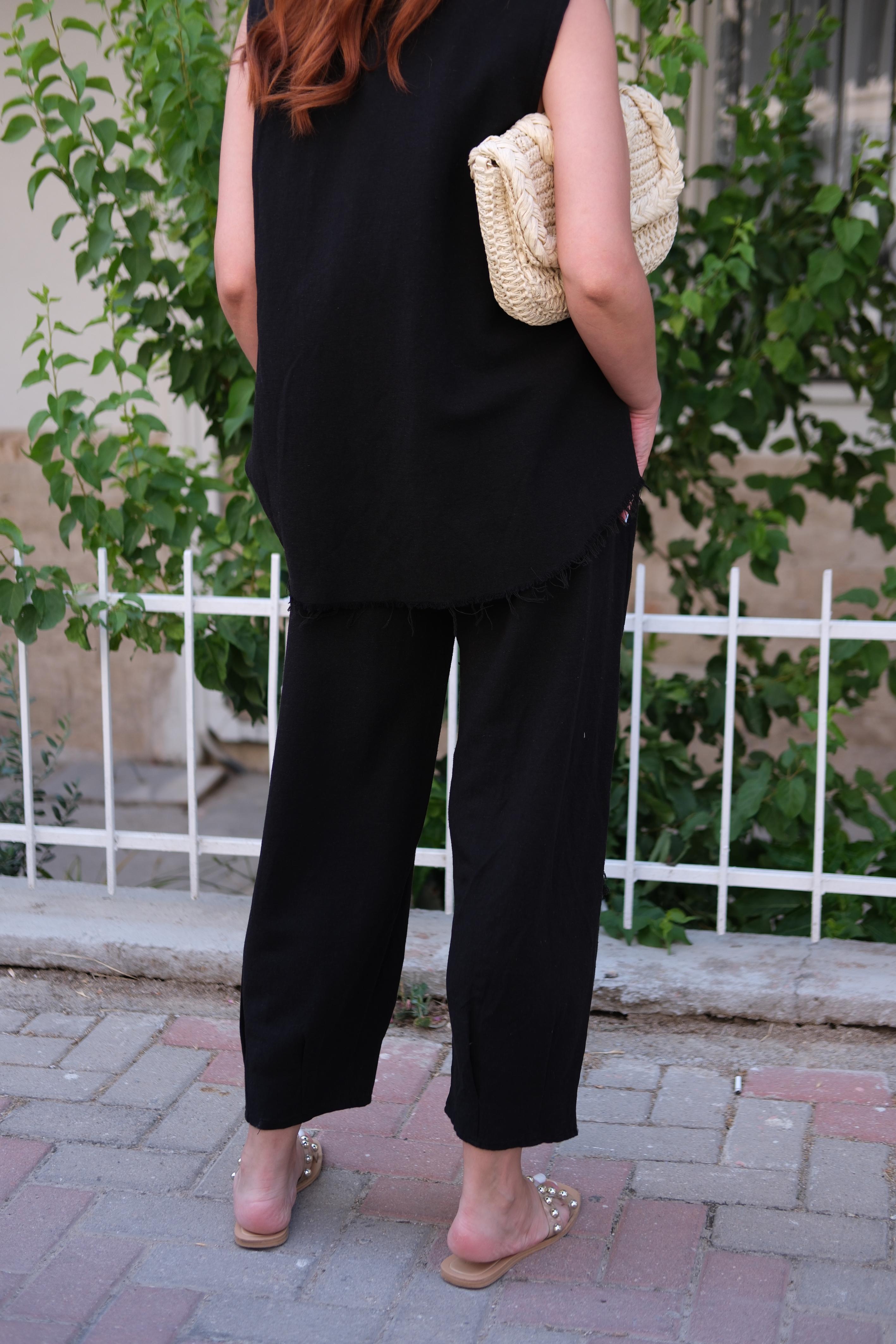 Keten pamuk siyah takım
