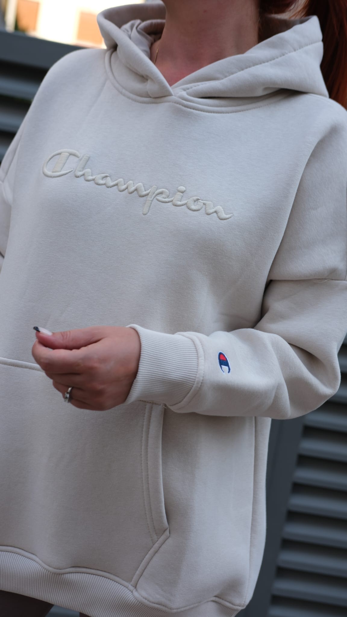 Champ 3 İplik Şardonlu Nakış İşleme Sweatshirt - Taş