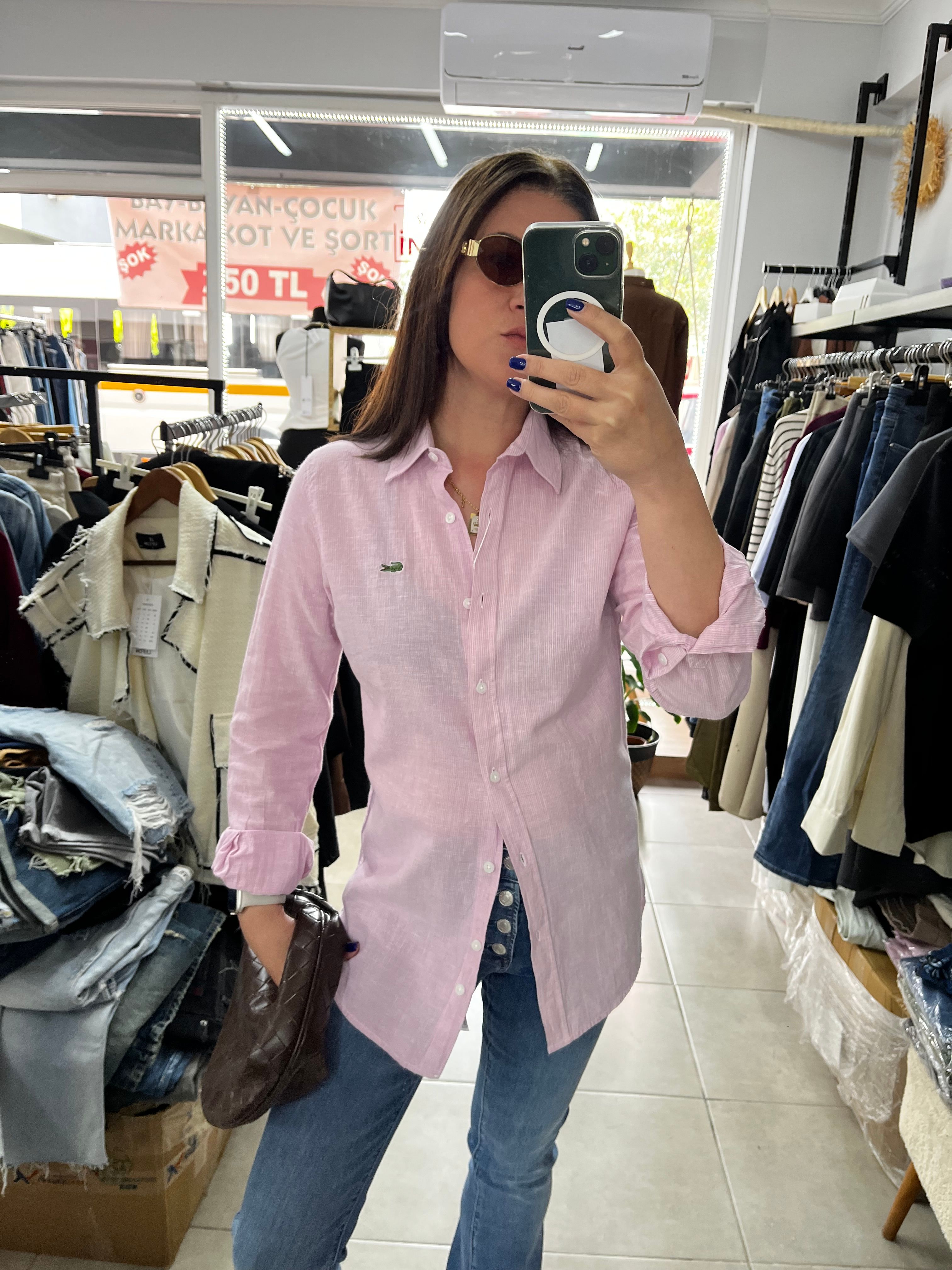 True Pembe Çizgili Slim Fit Pamuk Gömlek 