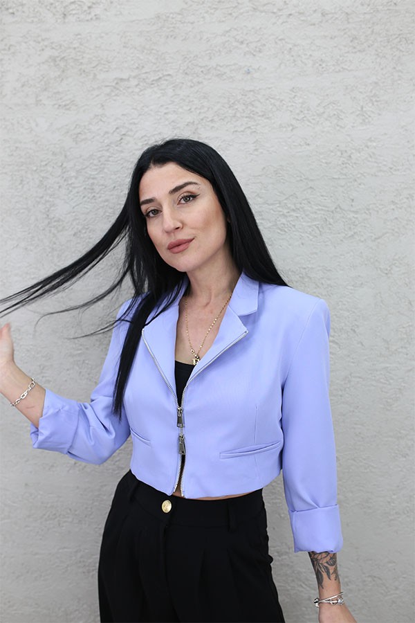 FERMUARLI CROP CEKET MAVİ
