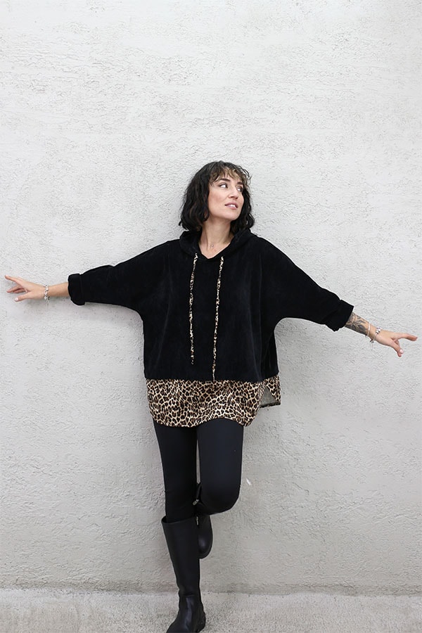 ALT LEOPAR GARNİ KAPŞONLU KADİFE SWEAT - SİYAH