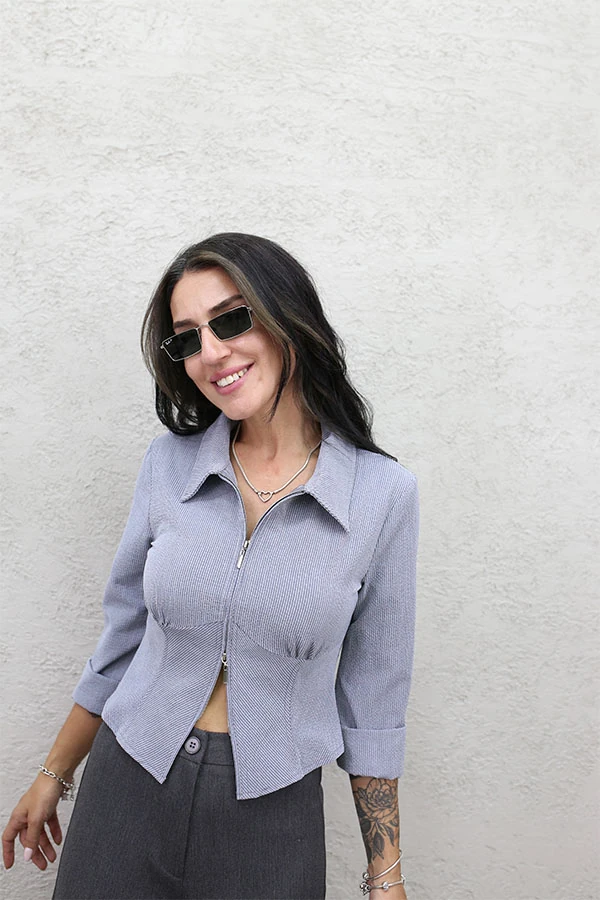 ÇİFT FERMUAR ÇİZGİLİ GÖMLEK 