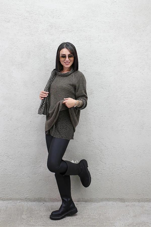 LEOPAR ASTARLI FLARLI TRİKO BLUZ - KAHVE