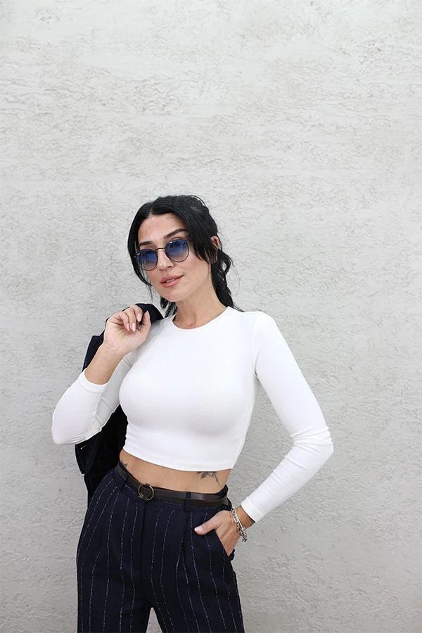 BİSİKLET YAKA CROP EKRU