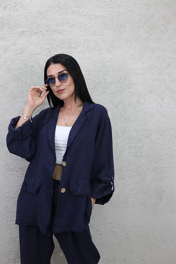 İTALYAN ASTARSIZ KETEN CEKET LACİVERT