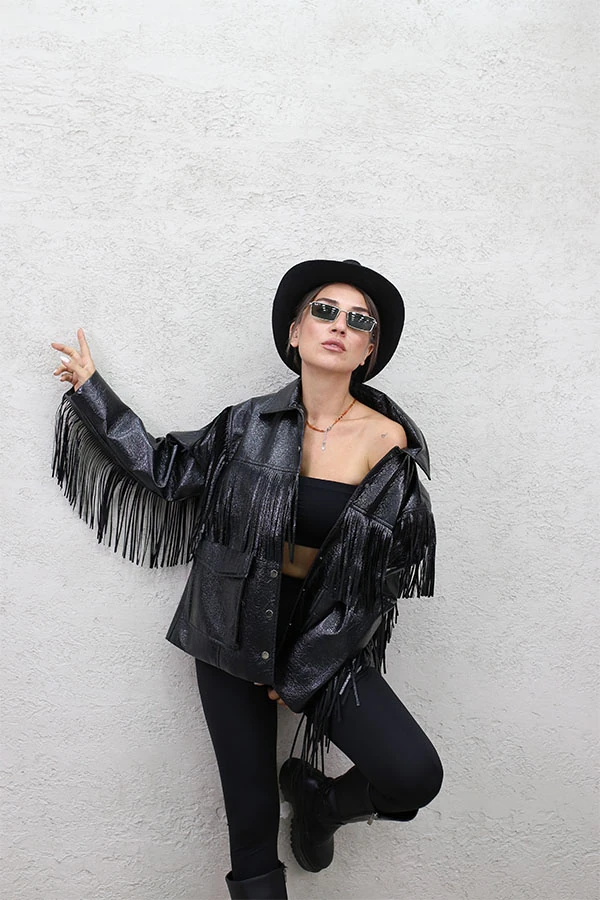 SAÇAKLI DERİ CEKET - SİYAH