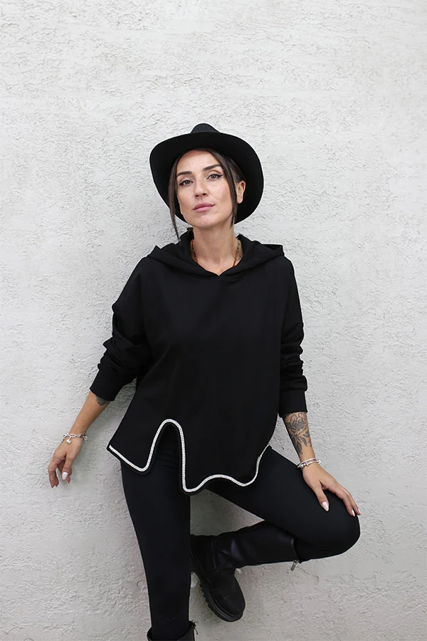 ETEK UCU TAŞ ŞERİTLİ SWEAT - SİYAH