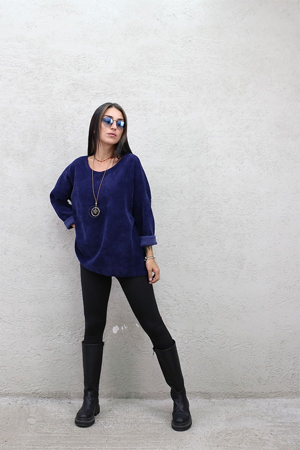 İTALYAN KOLYELİ KADİFE BLUZ - LACİVERT