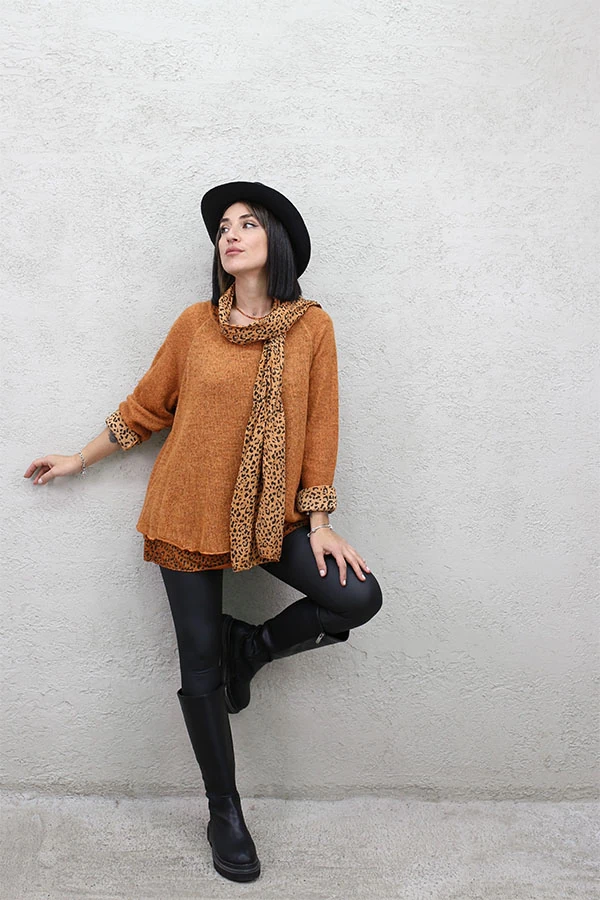 LEOPAR ASTARLI FLARLI TRİKO BLUZ - KİREMİT