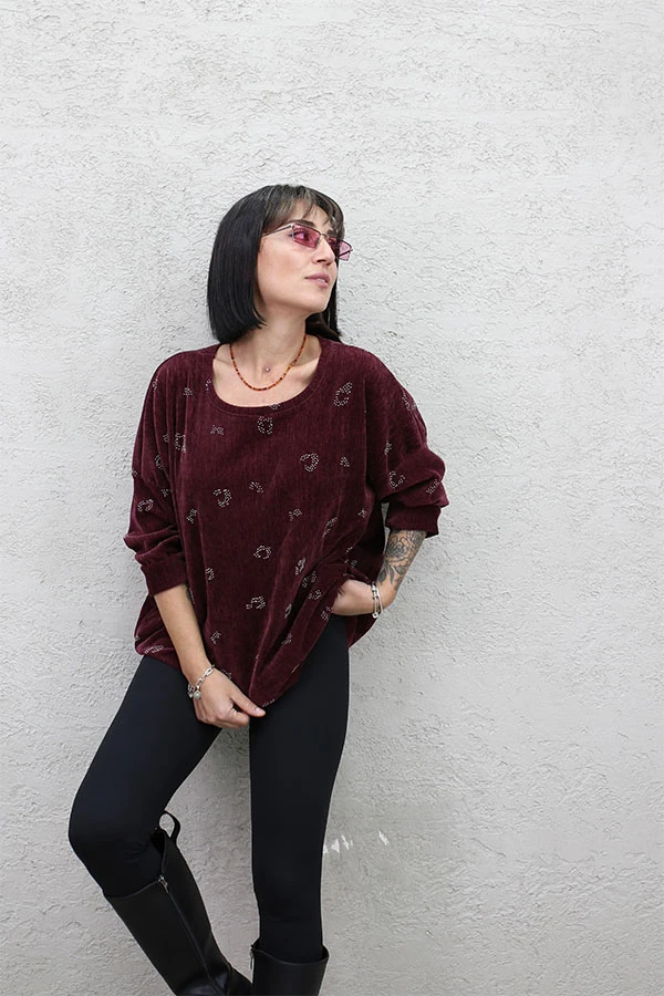İTALYAN TAŞ BASKILI KADİFE BLUZ - BORDO