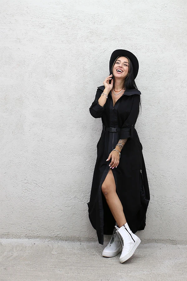 YAN BÜZGÜLÜ ÇİFT FERMUAR ELBİSE