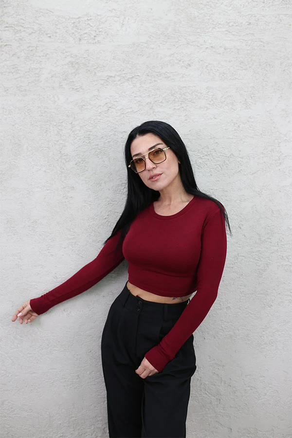 BİSİKLET YAKA CROP BORDO