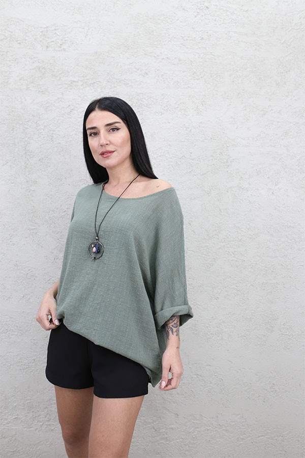 İTALYAN PAMUK KETEN BLUZ HAKİ