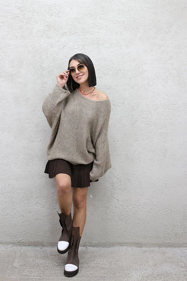 GENİŞ YAKALI TRİKO KAZAK - VİZON