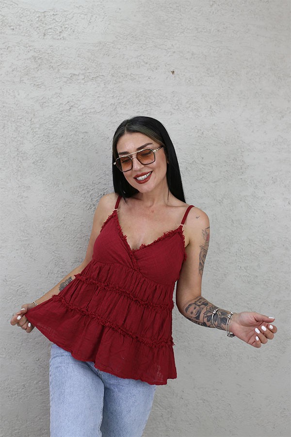 ASKILI KAT KAT PAMUK BLUZ BORDO