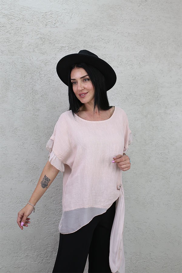 KOL VE ETEĞİ İPEK PARÇALI KETEN BLUZ PEMBE