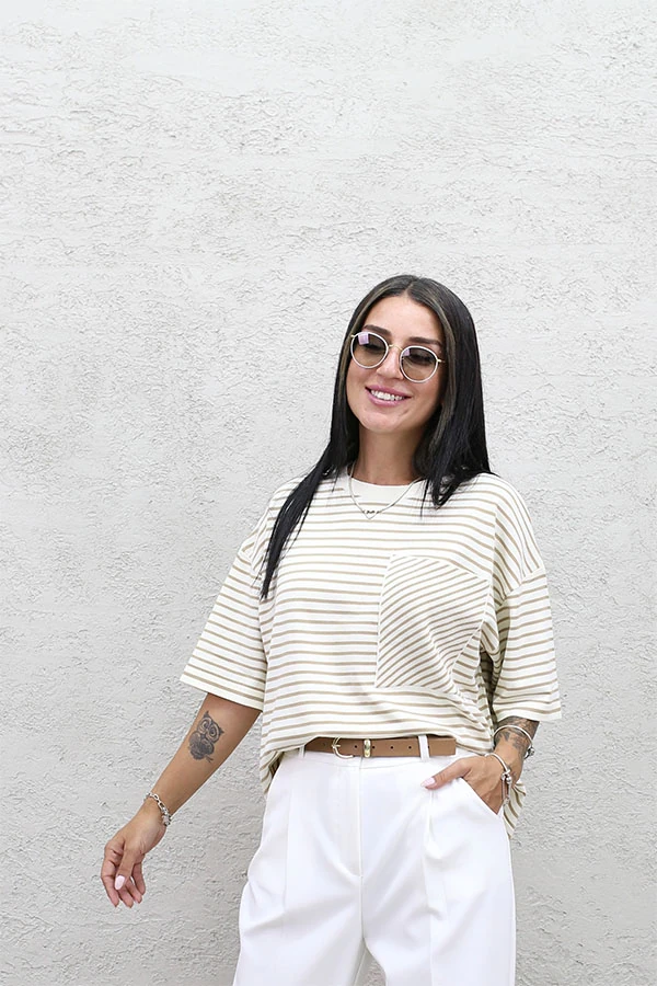 BİSİKLET YAKA ÇİZGİLİ TRİKO - BEJ