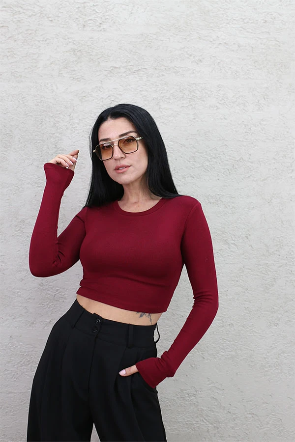 BİSİKLET YAKA CROP BORDO