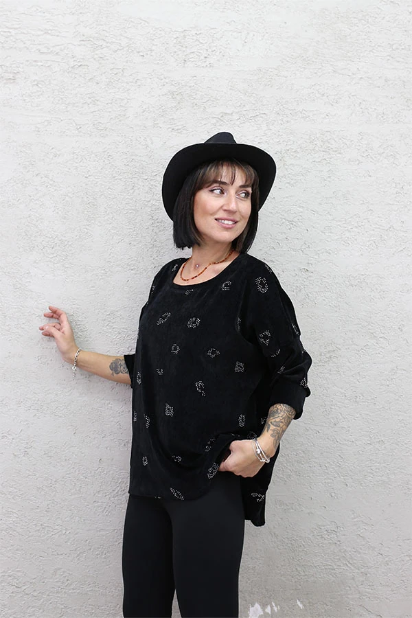 İTALYAN TAŞ BASKILI KADİFE BLUZ