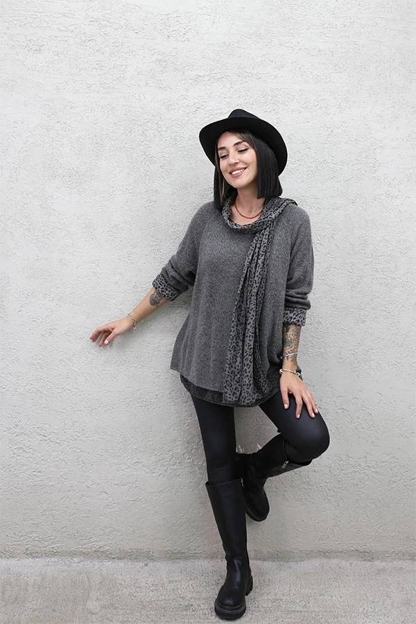 LEOPAR ASTARLI FLARLI TRİKO BLUZ - ANTRASİT