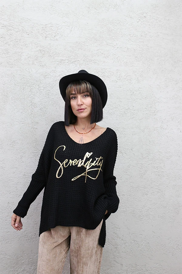 SERENİTY BASKILI OVERSIZE KAZAK - SİYAH