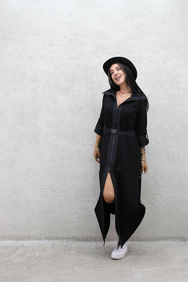 YAN BÜZGÜLÜ ÇİFT FERMUAR ELBİSE