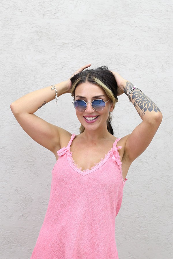 İTALYAN ASKILI TAŞLANMIŞ KETEN ASKILI BLUZ PEMBE