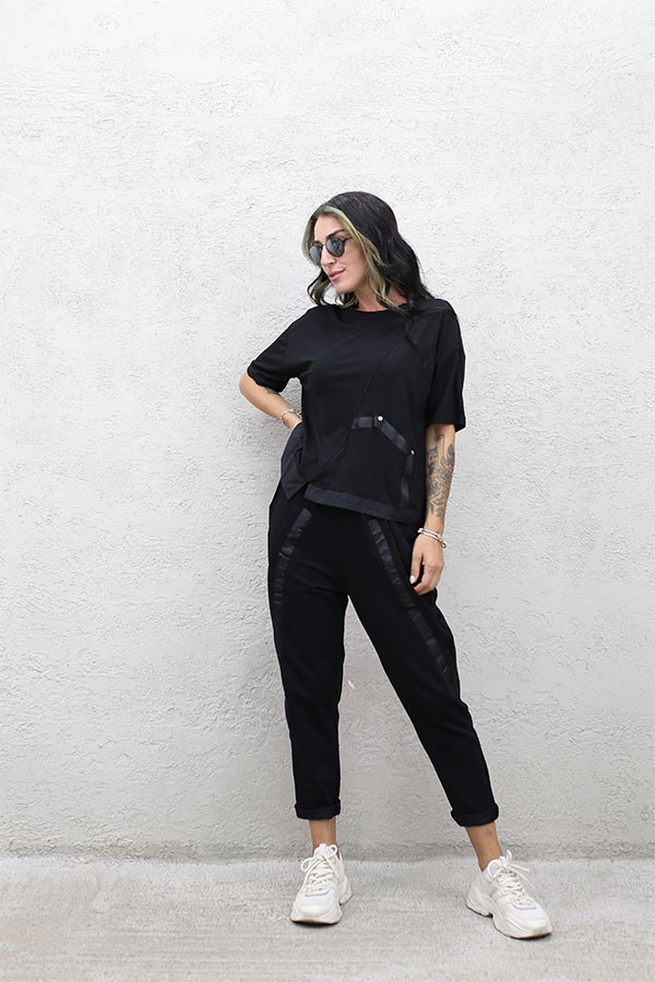 ŞERİT DETAYLI  RELAX PANTOLON SİYAH