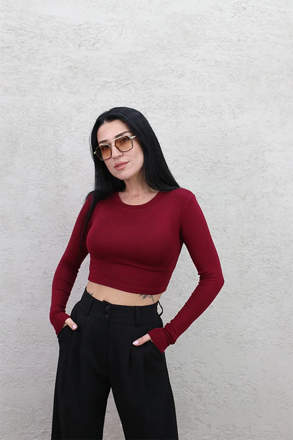 BİSİKLET YAKA CROP BORDO