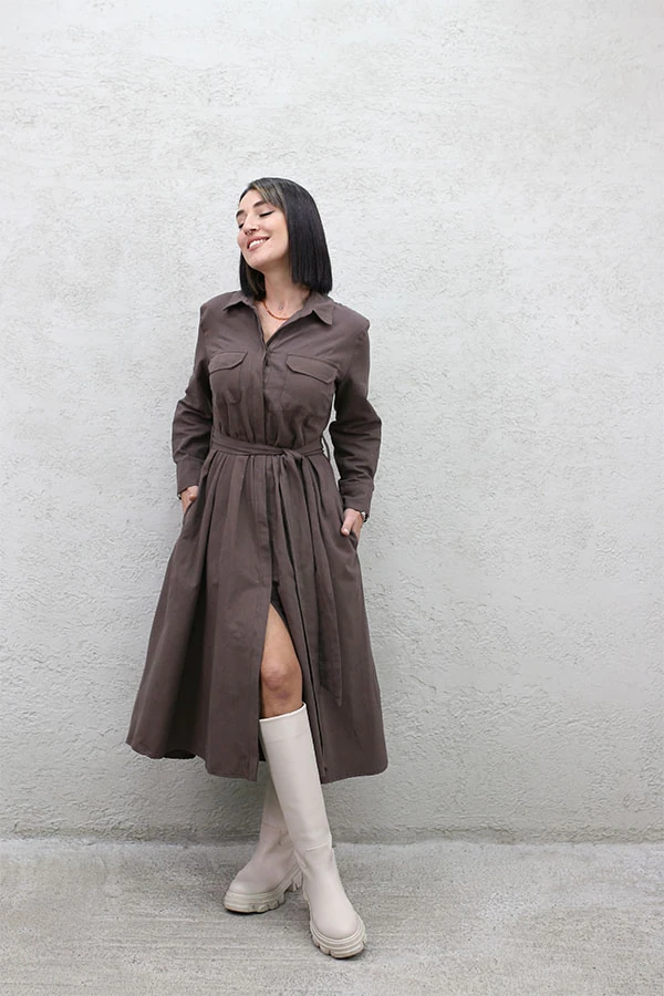 BEL KEMERLİ ELBİSE - KAHVE